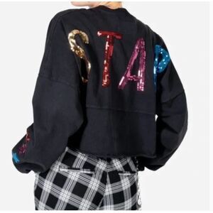 NWT Spirit Jersey Black Cropped Sequins Star Logo Cotton Oversized Sweatshirt S